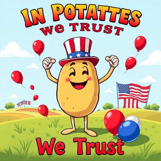 A vibrant and colorful patriotic poster featuring a cartoon-style potato character wearing a little American flag hat, flexing its arms confidently