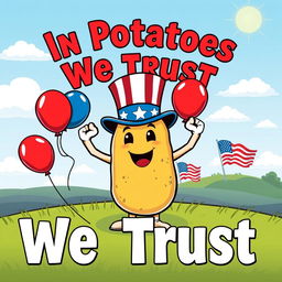 A vibrant and colorful patriotic poster featuring a cartoon-style potato character wearing a little American flag hat, flexing its arms confidently