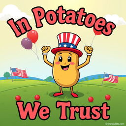 A vibrant and colorful patriotic poster featuring a cartoon-style potato character wearing a little American flag hat, flexing its arms confidently