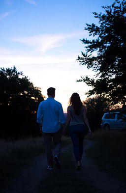 A romantic scene depicting a man and a woman walking together in a beautiful natural setting at sunset