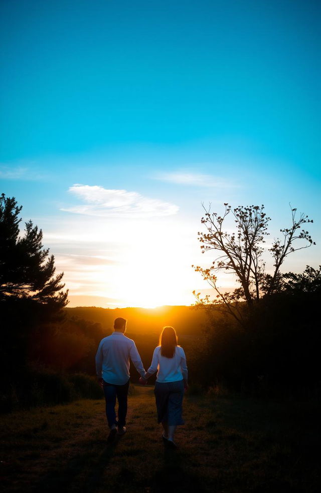 A romantic scene depicting a man and a woman walking together in a beautiful natural setting at sunset