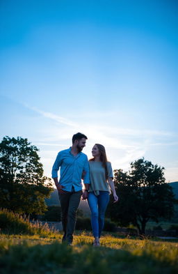 A romantic scene depicting a man and a woman walking together in a beautiful natural setting at sunset