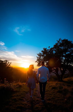 A romantic scene depicting a man and a woman walking together in a beautiful natural setting at sunset