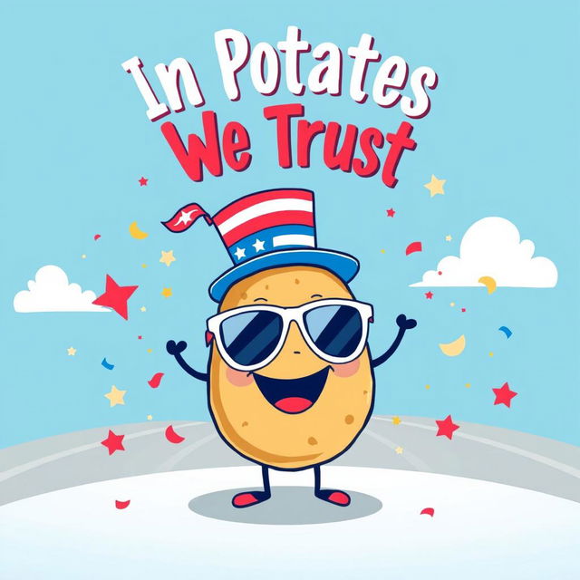 A whimsical and eye-catching poster featuring a cheerful cartoon potato wearing sunglasses and a little American flag hat