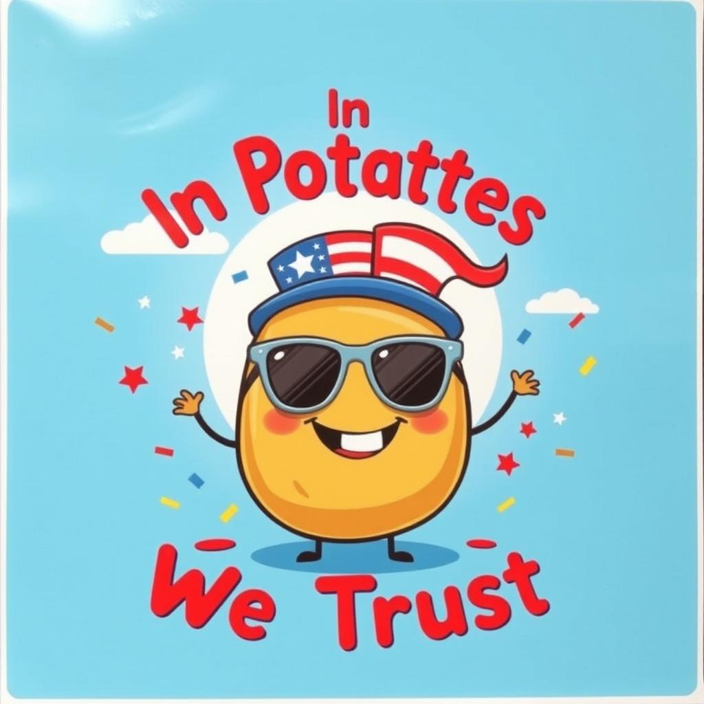 A whimsical and eye-catching poster featuring a cheerful cartoon potato wearing sunglasses and a little American flag hat