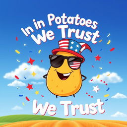 A whimsical and eye-catching poster featuring a cheerful cartoon potato wearing sunglasses and a little American flag hat
