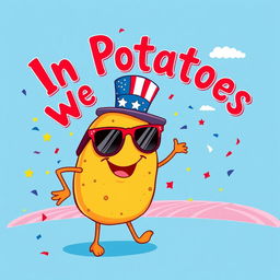 A whimsical and eye-catching poster featuring a cheerful cartoon potato wearing sunglasses and a little American flag hat