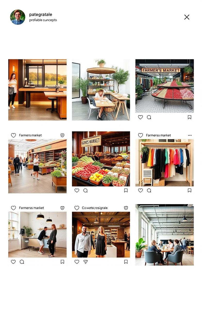 An aesthetically pleasing Instagram feed showcasing various profitable business concepts, including an elegant coffee shop with stylish interior design, a vibrant farmers market with fresh produce, an engaging online store display for trendy fashion items, and an inviting co-working space filled with creative professionals