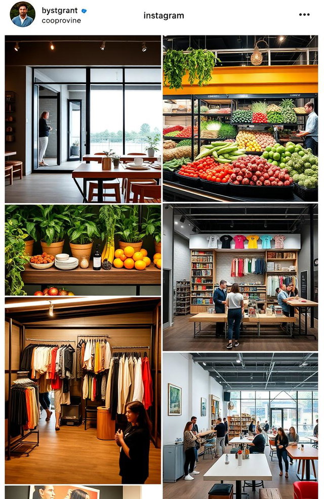 An aesthetically pleasing Instagram feed showcasing various profitable business concepts, including an elegant coffee shop with stylish interior design, a vibrant farmers market with fresh produce, an engaging online store display for trendy fashion items, and an inviting co-working space filled with creative professionals