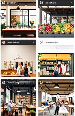 An aesthetically pleasing Instagram feed showcasing various profitable business concepts, including an elegant coffee shop with stylish interior design, a vibrant farmers market with fresh produce, an engaging online store display for trendy fashion items, and an inviting co-working space filled with creative professionals