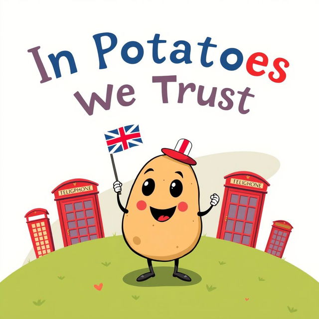 A charming and whimsical patriotic poster celebrating England with a cartoon potato character