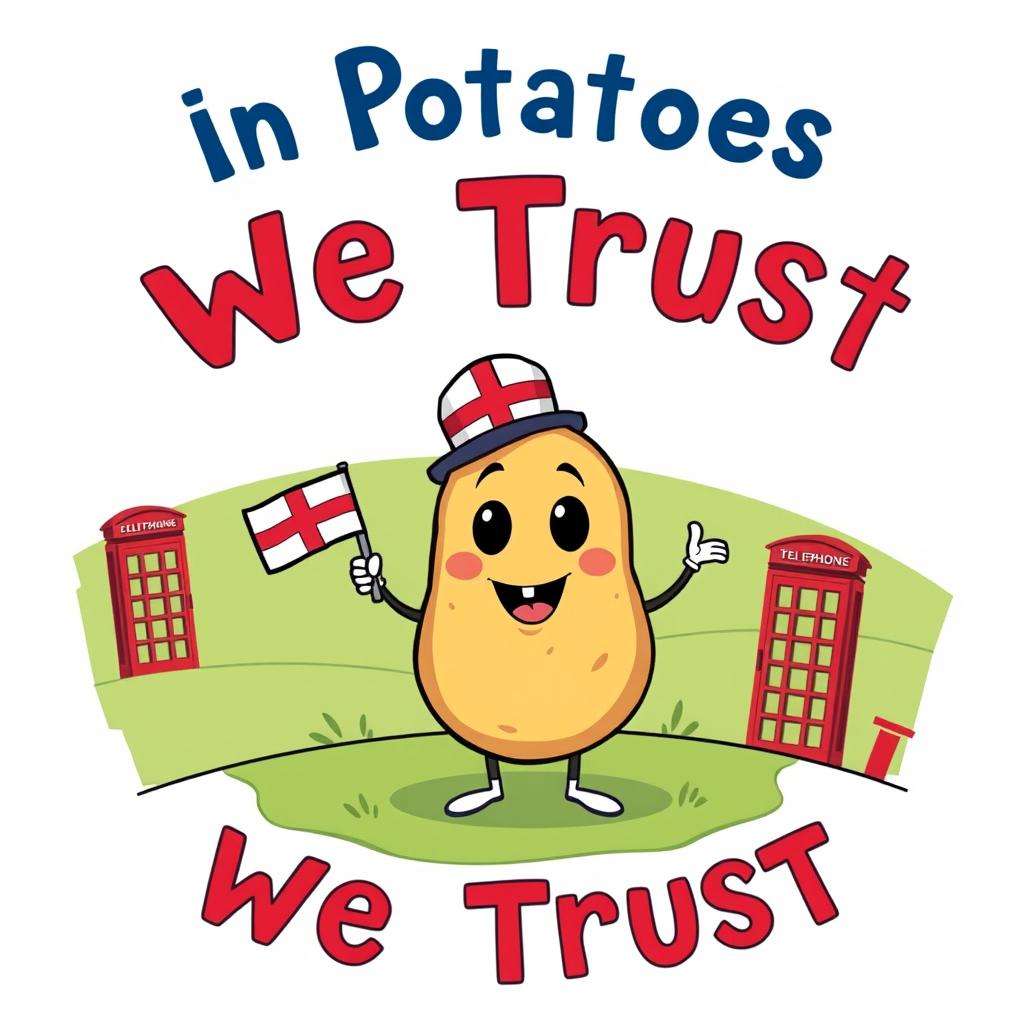 A charming and whimsical patriotic poster celebrating England with a cartoon potato character