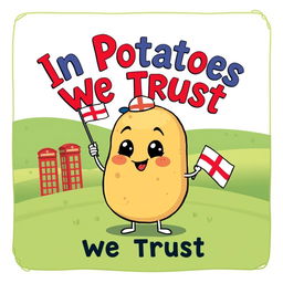 A charming and whimsical patriotic poster celebrating England with a cartoon potato character