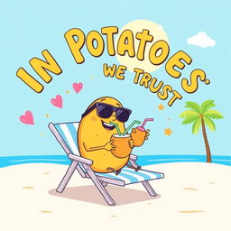 A humorous and quirky poster featuring a cartoon potato character lounging on a beach chair under a sunny sky