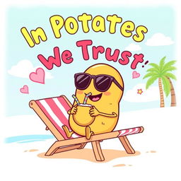 A humorous and quirky poster featuring a cartoon potato character lounging on a beach chair under a sunny sky