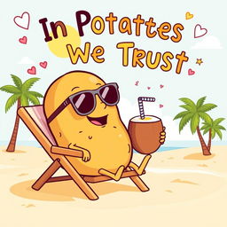 A humorous and quirky poster featuring a cartoon potato character lounging on a beach chair under a sunny sky