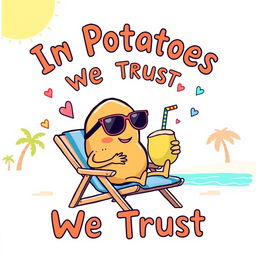 A humorous and quirky poster featuring a cartoon potato character lounging on a beach chair under a sunny sky