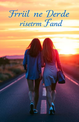 A captivating book cover featuring two opposite gender friends walking side by side on a road, viewed from behind