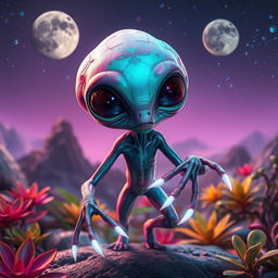 A fascinating sci-fi alien creature, featuring a unique blend of colors and textures, with luminescent skin that shifts hues from teal to purple