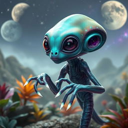 A fascinating sci-fi alien creature, featuring a unique blend of colors and textures, with luminescent skin that shifts hues from teal to purple