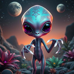 A fascinating sci-fi alien creature, featuring a unique blend of colors and textures, with luminescent skin that shifts hues from teal to purple