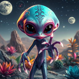 A fascinating sci-fi alien creature, featuring a unique blend of colors and textures, with luminescent skin that shifts hues from teal to purple