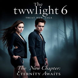 An evocative movie poster for "The Twilight Saga 6: The New Chapter," featuring Kristen Stewart as Bella Swan and Robert Pattinson as Edward Cullen in a dramatic twilight setting