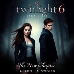 An evocative movie poster for "The Twilight Saga 6: The New Chapter," featuring Kristen Stewart as Bella Swan and Robert Pattinson as Edward Cullen in a dramatic twilight setting