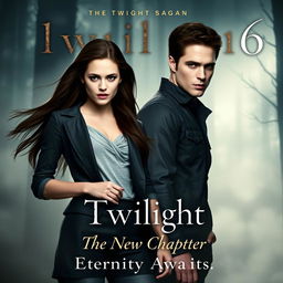 An evocative movie poster for "The Twilight Saga 6: The New Chapter," featuring Kristen Stewart as Bella Swan and Robert Pattinson as Edward Cullen in a dramatic twilight setting