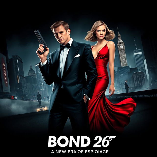 A dynamic and thrilling movie poster for 'Bond 26', featuring the main characters portrayed by Henry Cavill and Margot Robbie