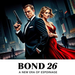 A dynamic and thrilling movie poster for 'Bond 26', featuring the main characters portrayed by Henry Cavill and Margot Robbie