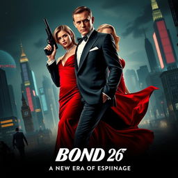 A dynamic and thrilling movie poster for 'Bond 26', featuring the main characters portrayed by Henry Cavill and Margot Robbie