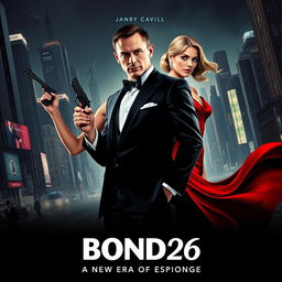 A dynamic and thrilling movie poster for 'Bond 26', featuring the main characters portrayed by Henry Cavill and Margot Robbie