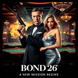 An exciting and captivating movie poster for 'Bond 26 (2025)', showcasing the main characters portrayed by Henry Cavill and Margot Robbie