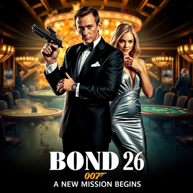 An exciting and captivating movie poster for 'Bond 26 (2025)', showcasing the main characters portrayed by Henry Cavill and Margot Robbie