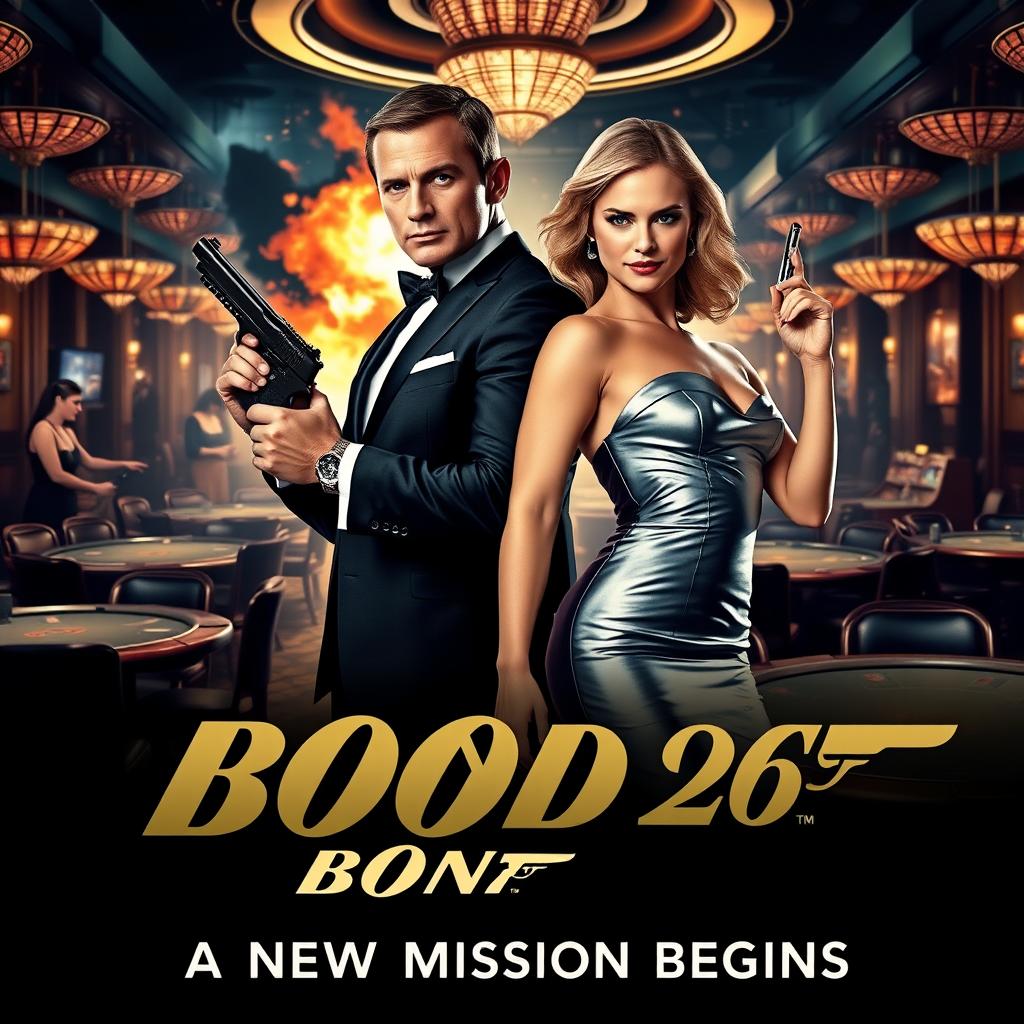 An exciting and captivating movie poster for 'Bond 26 (2025)', showcasing the main characters portrayed by Henry Cavill and Margot Robbie