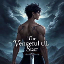 A fantasy novel cover featuring a male character with blue eyes and dark hair, seen from a back perspective