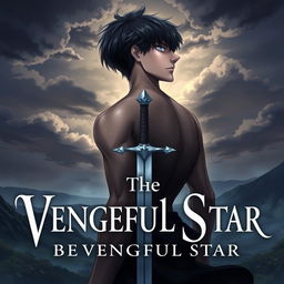 A fantasy novel cover featuring a male character with blue eyes and dark hair, seen from a back perspective