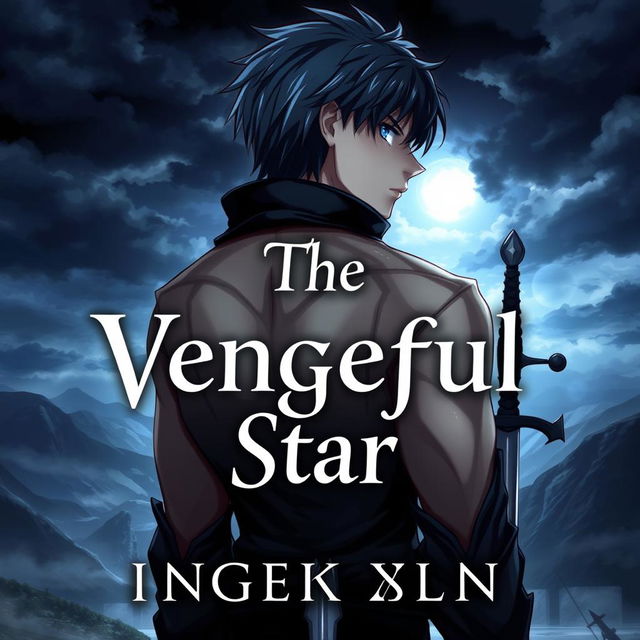 A fantasy novel cover featuring a male character with blue eyes and dark hair, seen from a back perspective