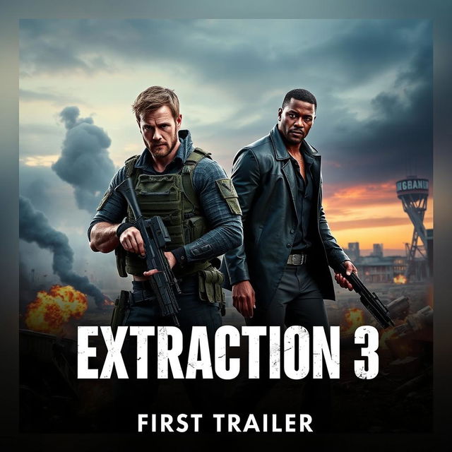 An intense and action-filled movie poster for 'EXTRACTION 3 – First Trailer (2024)', featuring Chris Hemsworth and Idris Elba