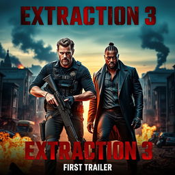 An intense and action-filled movie poster for 'EXTRACTION 3 – First Trailer (2024)', featuring Chris Hemsworth and Idris Elba