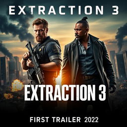 An intense and action-filled movie poster for 'EXTRACTION 3 – First Trailer (2024)', featuring Chris Hemsworth and Idris Elba