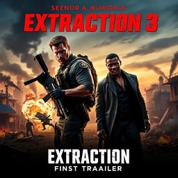 An intense and action-filled movie poster for 'EXTRACTION 3 – First Trailer (2024)', featuring Chris Hemsworth and Idris Elba