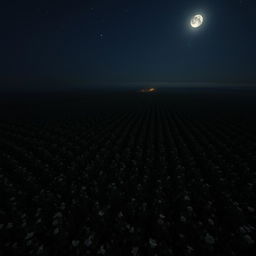 A night-time aerial view of a sprawling opium field, illuminated by a silvery moonlight that casts soft shadows across the landscape