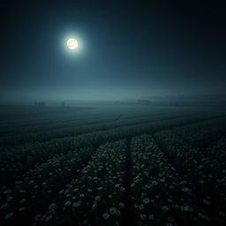 A night-time aerial view of a sprawling opium field, illuminated by a silvery moonlight that casts soft shadows across the landscape