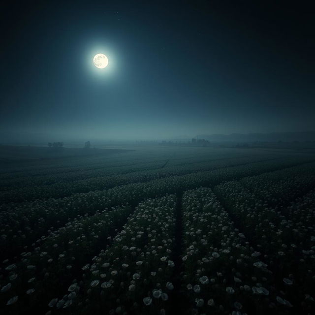 A night-time aerial view of a sprawling opium field, illuminated by a silvery moonlight that casts soft shadows across the landscape