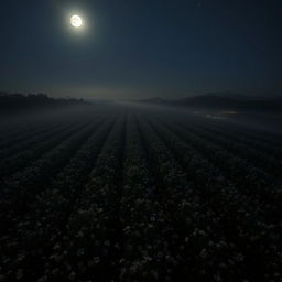 A night-time aerial view of a sprawling opium field, illuminated by a silvery moonlight that casts soft shadows across the landscape