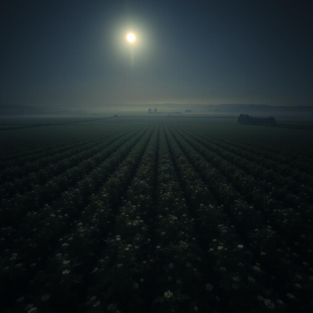 A night-time aerial view of a sprawling opium field, illuminated by a silvery moonlight that casts soft shadows across the landscape