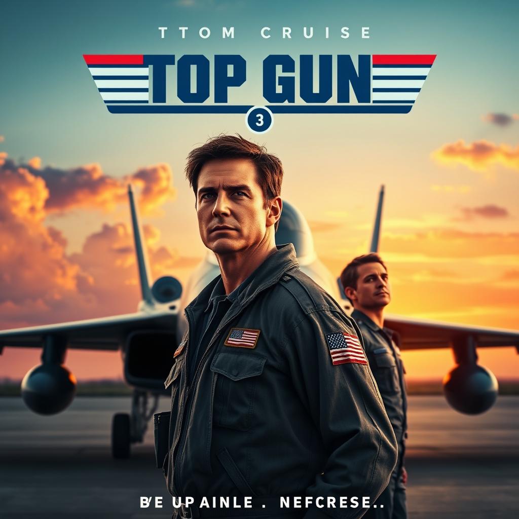 An electrifying movie poster for 'Top Gun 3 (2025)', showcasing Tom Cruise and Miles Teller in their iconic flight suits, standing in front of a sleek fighter jet on a military airbase