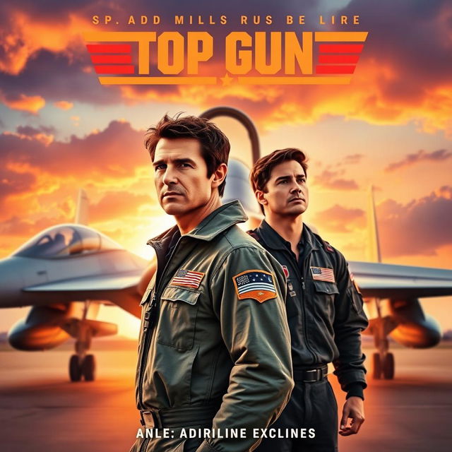 An electrifying movie poster for 'Top Gun 3 (2025)', showcasing Tom Cruise and Miles Teller in their iconic flight suits, standing in front of a sleek fighter jet on a military airbase